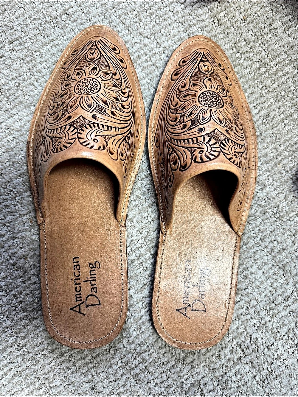 American Darling Hand-Tooled Leather Slide Sandals - Sunflower Design US 8